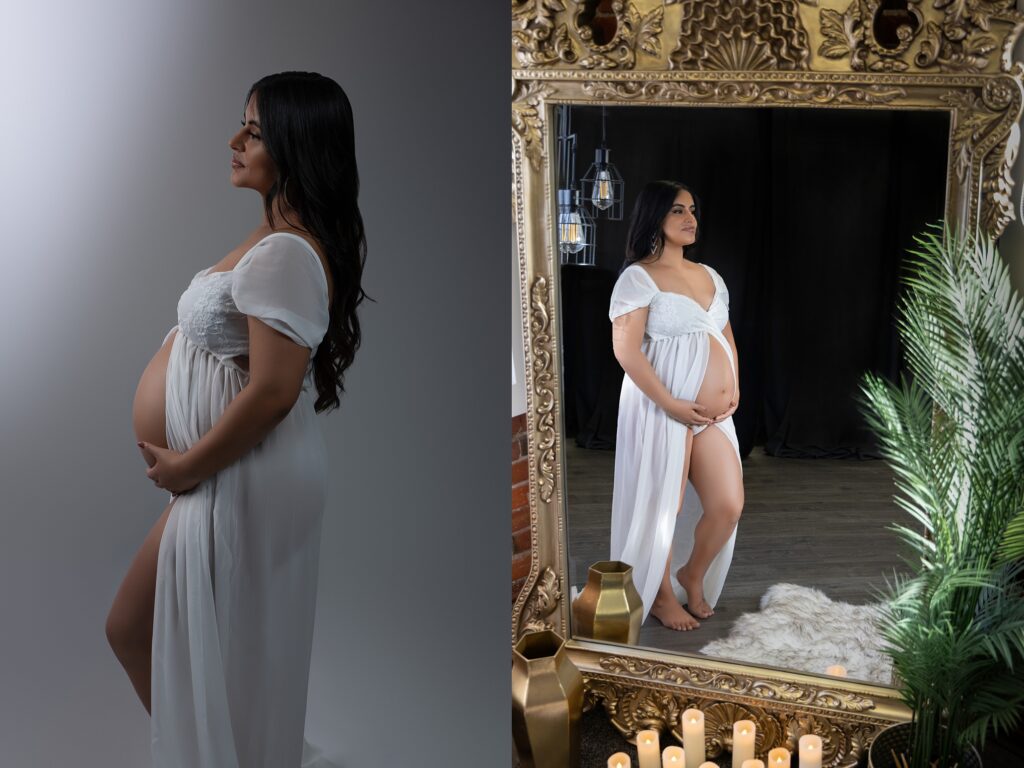 In our cozy Wenatchee studio, a beautiful maternity mom to be, proudly displaying the joy of pregnancy. With her hands gently resting on the growing belly, capturing the anticipation and love of this special time