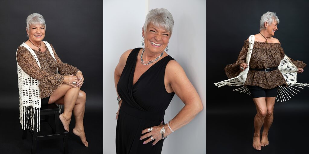 A woman with short gray hair poses in three different outfits. In the first, she sits on a stool in a brown top and black shorts, with a white fringe shawl. In the second, she stands in a black dress. In the third, she models a brown off-shoulder top and black shorts.