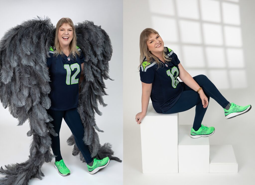 Two images of a woman in a navy sports jersey and green sneakers. Left: She stands smiling with large gray feathered wings. Right: She sits on white blocks, smiling with crossed leg. Light casts window-shaped shadows on the wall.